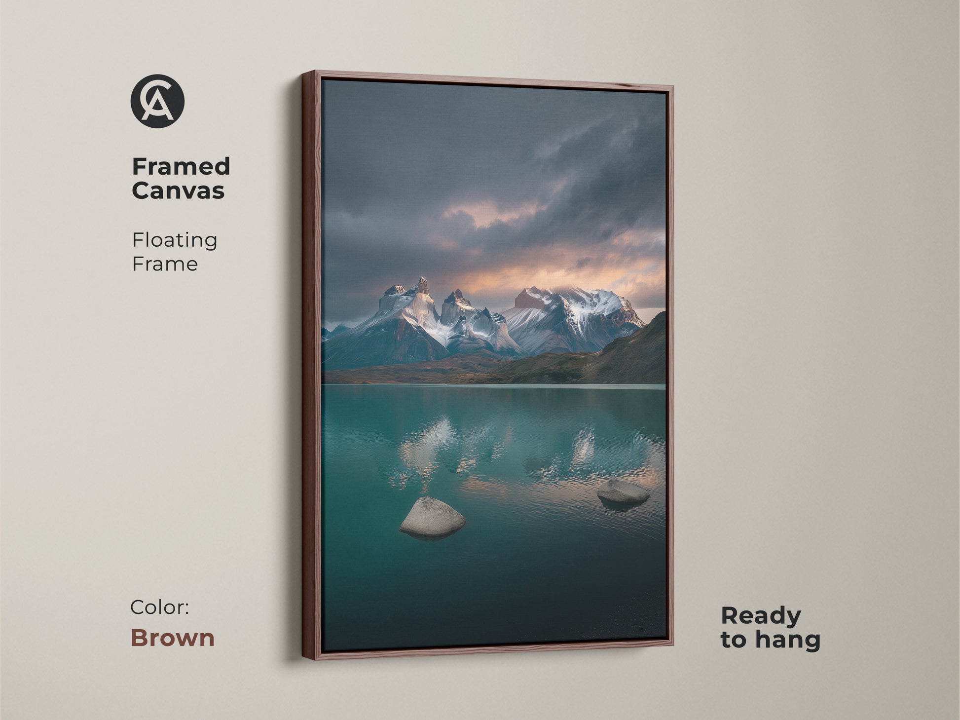 Framed canvas with a floating brown frame displaying a teal lake and snow mountain scene. It’s ready to hang and perfect for adding scenic landscape art. This contemporary nature decor suits outdoor enthusiasts. The deep blue gray artwork creates a calm atmosphere. A great addition to bedroom walls.