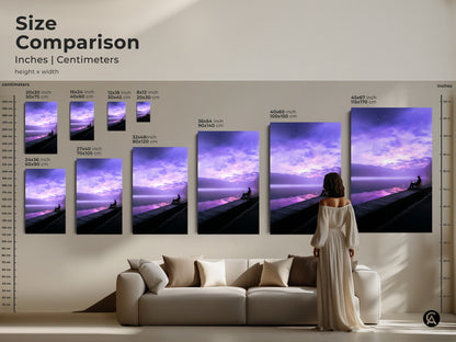 Size comparison of the fantasy lake art print. See how different sizes fit above a sofa. This surreal person working on laptop art enhances any living space. Perfect modern landscape wall decor. Visualize the impact of this violet skyscape art in your home.