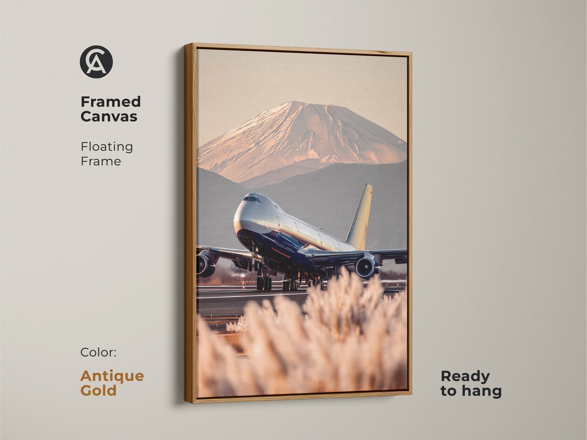 Framed canvas art print of a Boeing 747 taking off with Mount Fuji as the backdrop. The floating frame has an antique gold finish. Contemporary aviation art for modern homes and offices. The travel photography canvas is ready to hang. Perfect gift for pilots and global travel artwork collectors.