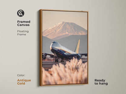 Framed canvas art print of a Boeing 747 taking off with Mount Fuji as the backdrop. The floating frame has an antique gold finish. Contemporary aviation art for modern homes and offices. The travel photography canvas is ready to hang. Perfect gift for pilots and global travel artwork collectors.