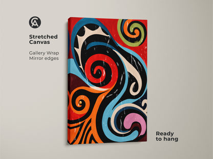 A stretched canvas print displays retro swirl artwork. Gallery wrapped with mirrored edges this piece is ready to hang. The abstract geometric art features bold colors like orange blue and red. This mid-century modern art enhances any eclectic space with its vibrant swirls.