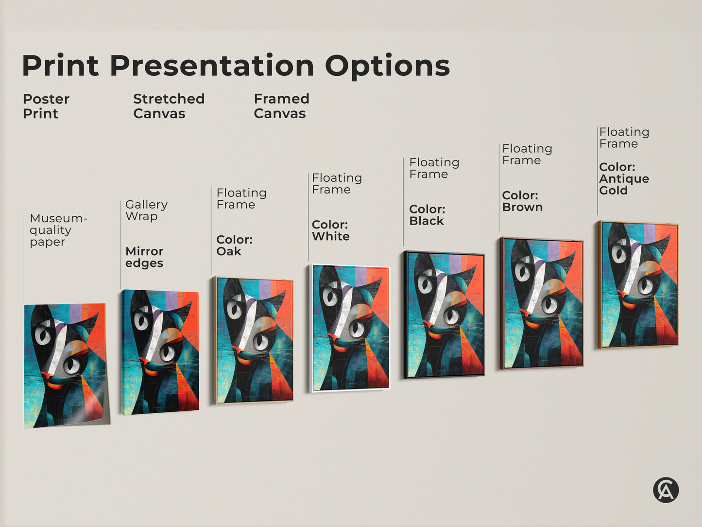 Print presentation options for geometric cat artwork. Choose from poster stretched canvas or framed canvas. Options include black brown antique gold and white frames. Each abstract animal print offers a unique modern look. Find the perfect contemporary cat decor today.