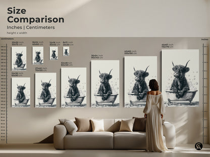 Size comparison for Highland cow in bathtub artwork. See inches and centimeters for various sizes. From small to large find the perfect fit. Ideal for canvas or poster prints. Envision the artwork in your living space. Perfect for farmhouse bathroom decor.