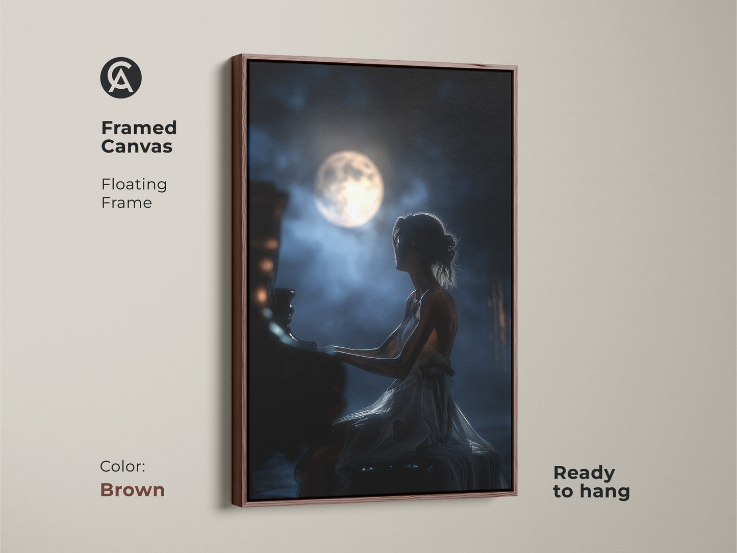 Enhance your decor with this framed canvas featuring a woman playing piano under the moon. The floating frame adds a touch of sophistication. This brown framed art is ready to hang and complements any room. Perfect for those seeking romantic music art and elegant night sky art.