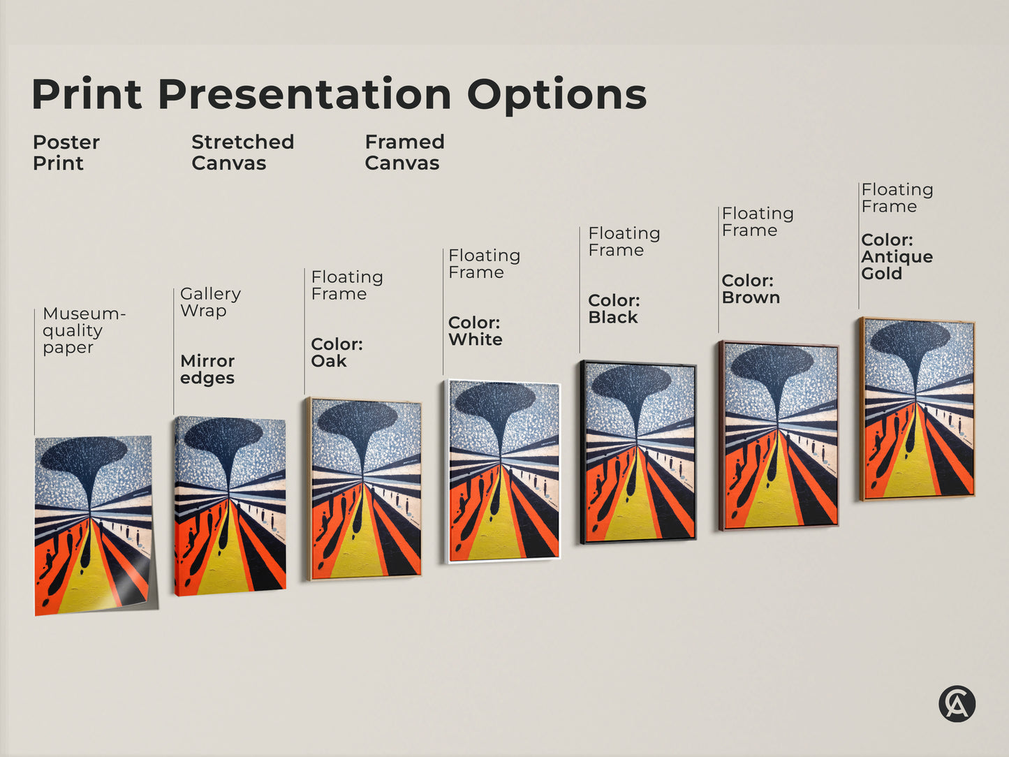 Explore print presentation options with this museum-quality paper. Choose from a stretched canvas or framed canvas. Each color has its own unique style and feeling.