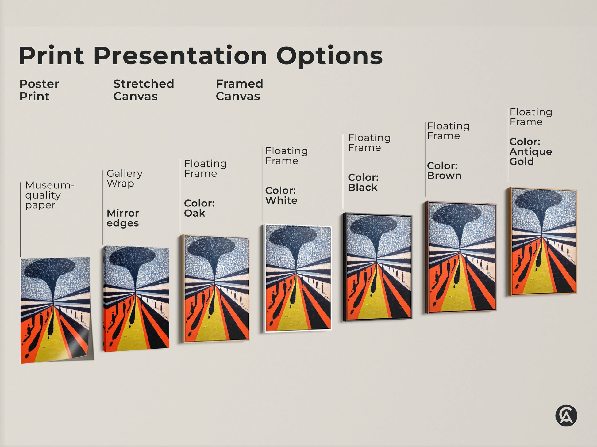 Explore print presentation options with this museum-quality paper. Choose from a stretched canvas or framed canvas. Each color has its own unique style and feeling.