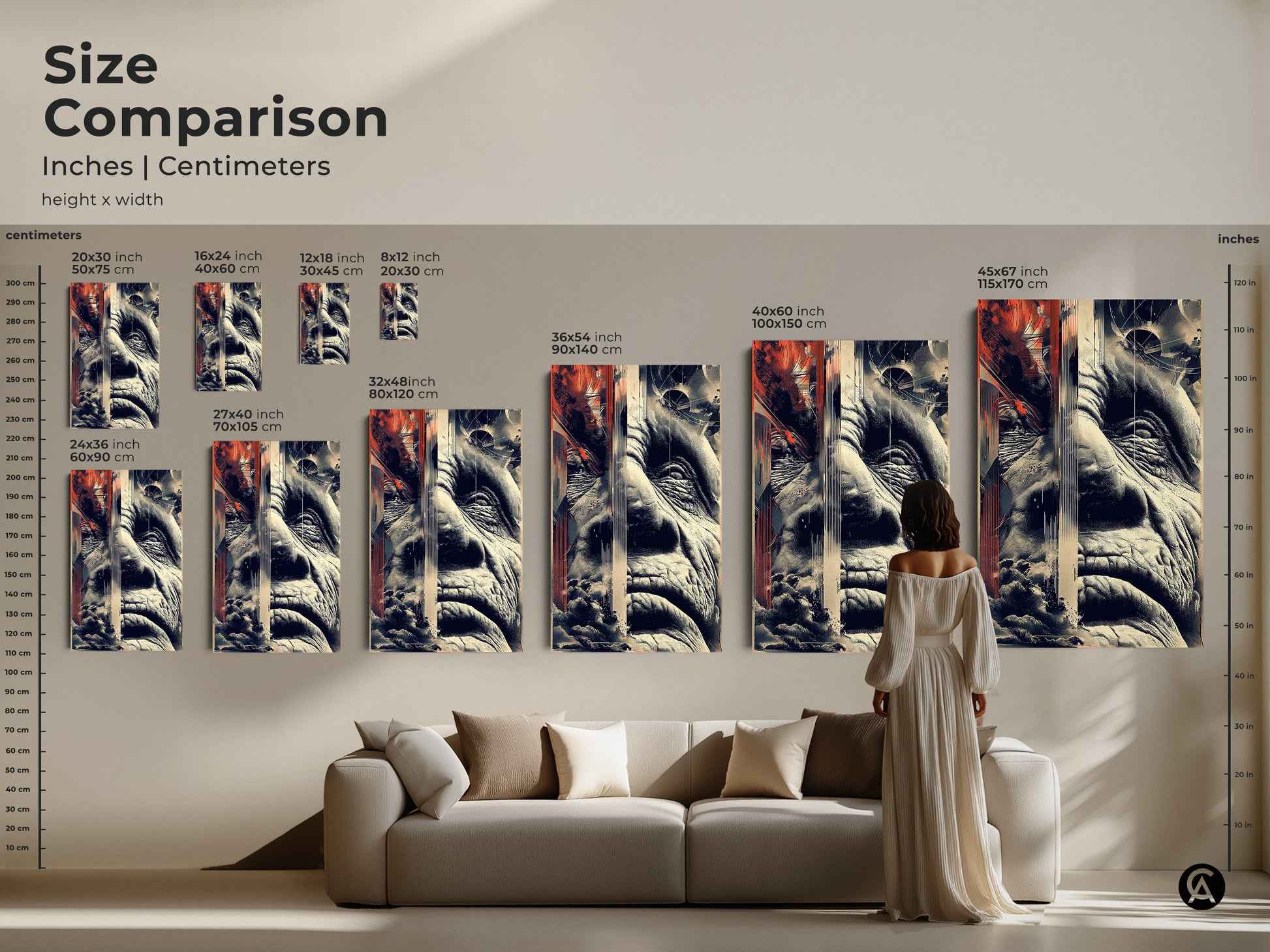Size comparison of glitch art prints. The art displays an old man's face with geometric elements. Available in various sizes as canvas or poster. The artwork includes terracotta beige and navy for eclectic wall decor.