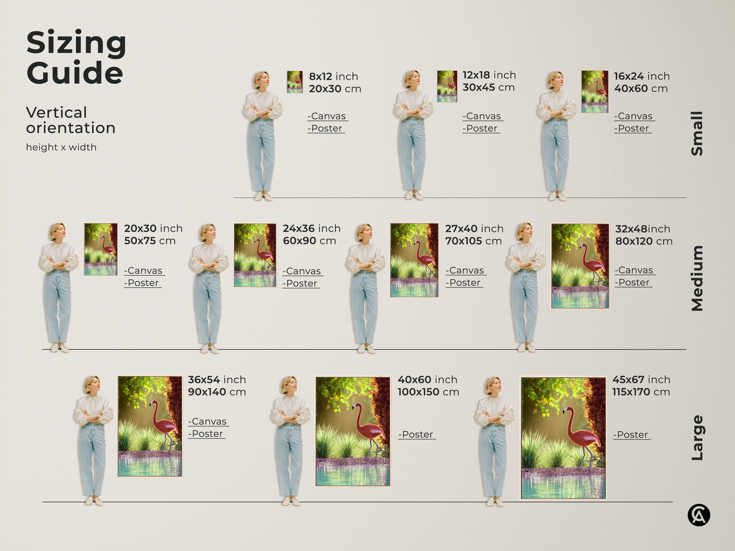 Sizing guide for vertical coastal flamingo wall art. Visualize the artwork in various sizes from small to large. Perfect for bedrooms living rooms or coastal themed spaces. Use this guide to find the ideal fit for your space. The pink bird nature photography brings wildlife charm to your home.