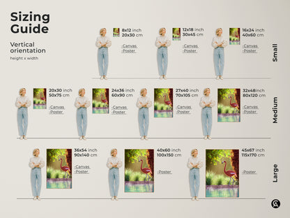 Sizing guide for vertical coastal flamingo wall art. Visualize the artwork in various sizes from small to large. Perfect for bedrooms living rooms or coastal themed spaces. Use this guide to find the ideal fit for your space. The pink bird nature photography brings wildlife charm to your home.