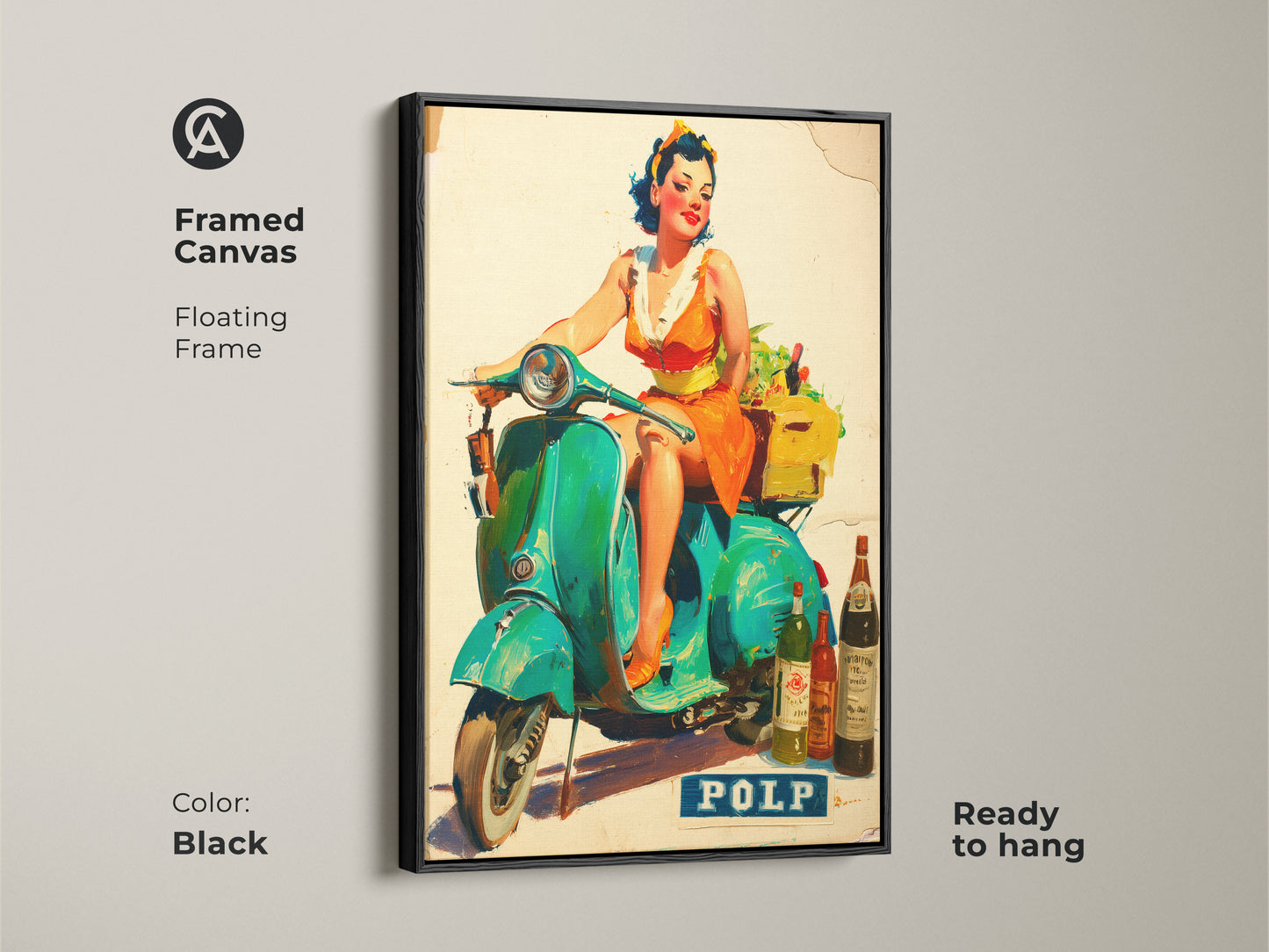 Framed canvas art of a woman on a turquoise Vespa scooter. The floating frame is black and ready to hang. This artwork brings vintage style and colorful charm to your home. A great piece for Vespa and wine enthusiasts.