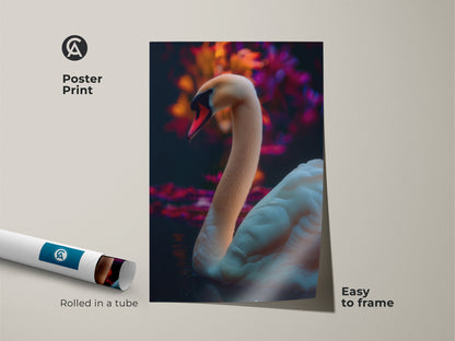 Easy to frame poster print of a photorealistic swan. This wildlife artwork features pink and orange abstract art. Rolled in a tube for protection. A contemporary nature print perfect as a gift for animal lovers adding a touch of scenic water bird art to your home.