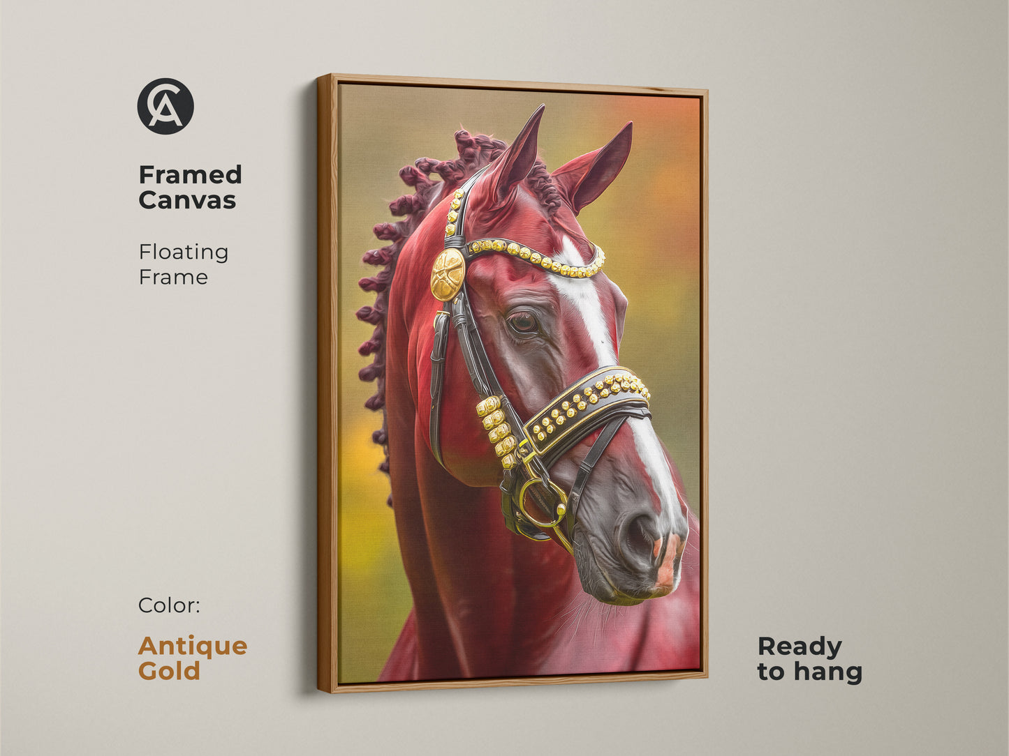Framed canvas with an antique gold floating frame displaying a regal horse art print. The portrait has a maroon and gold bridle. Perfect wall decor for horse enthusiasts it adds a touch of classic sophistication to any room. Ready to hang.