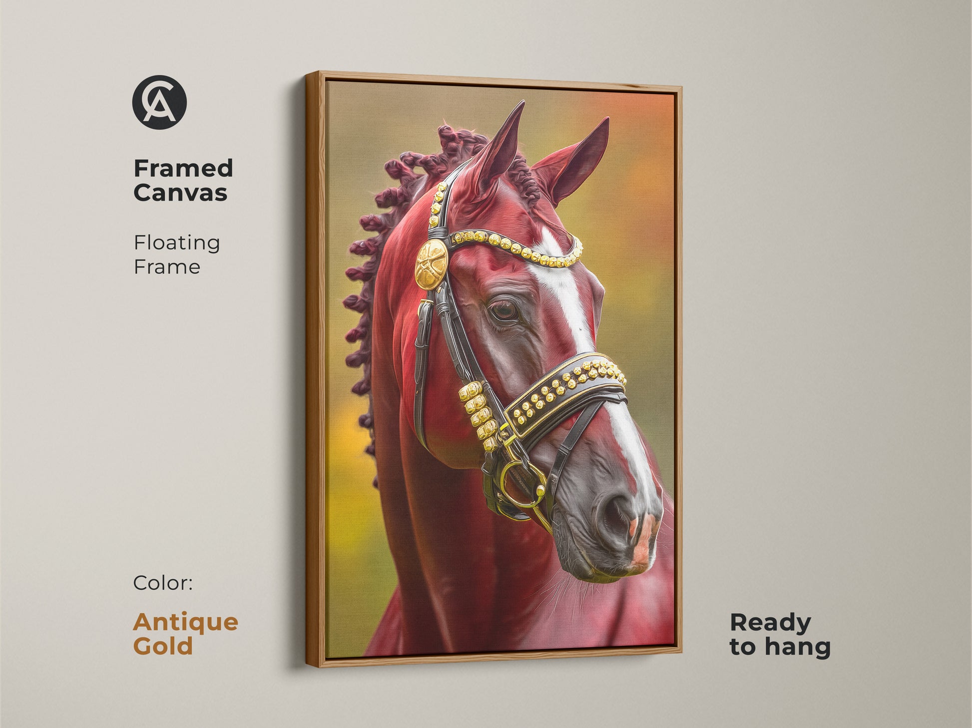 Framed canvas with an antique gold floating frame displaying a regal horse art print. The portrait has a maroon and gold bridle. Perfect wall decor for horse enthusiasts it adds a touch of classic sophistication to any room. Ready to hang.