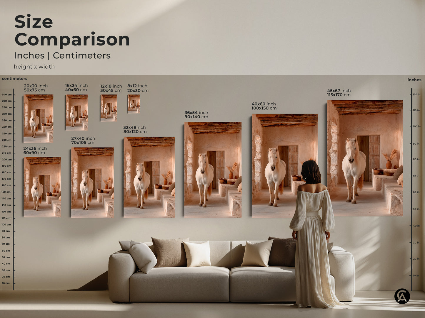 Size comparison of the cream tan beige horse art print. See the rustic horse canvas print scaled in inches and centimeters. Visualize the impact of this boho horse wall art in your living room. This animal nature artwork makes a stunning focal point.