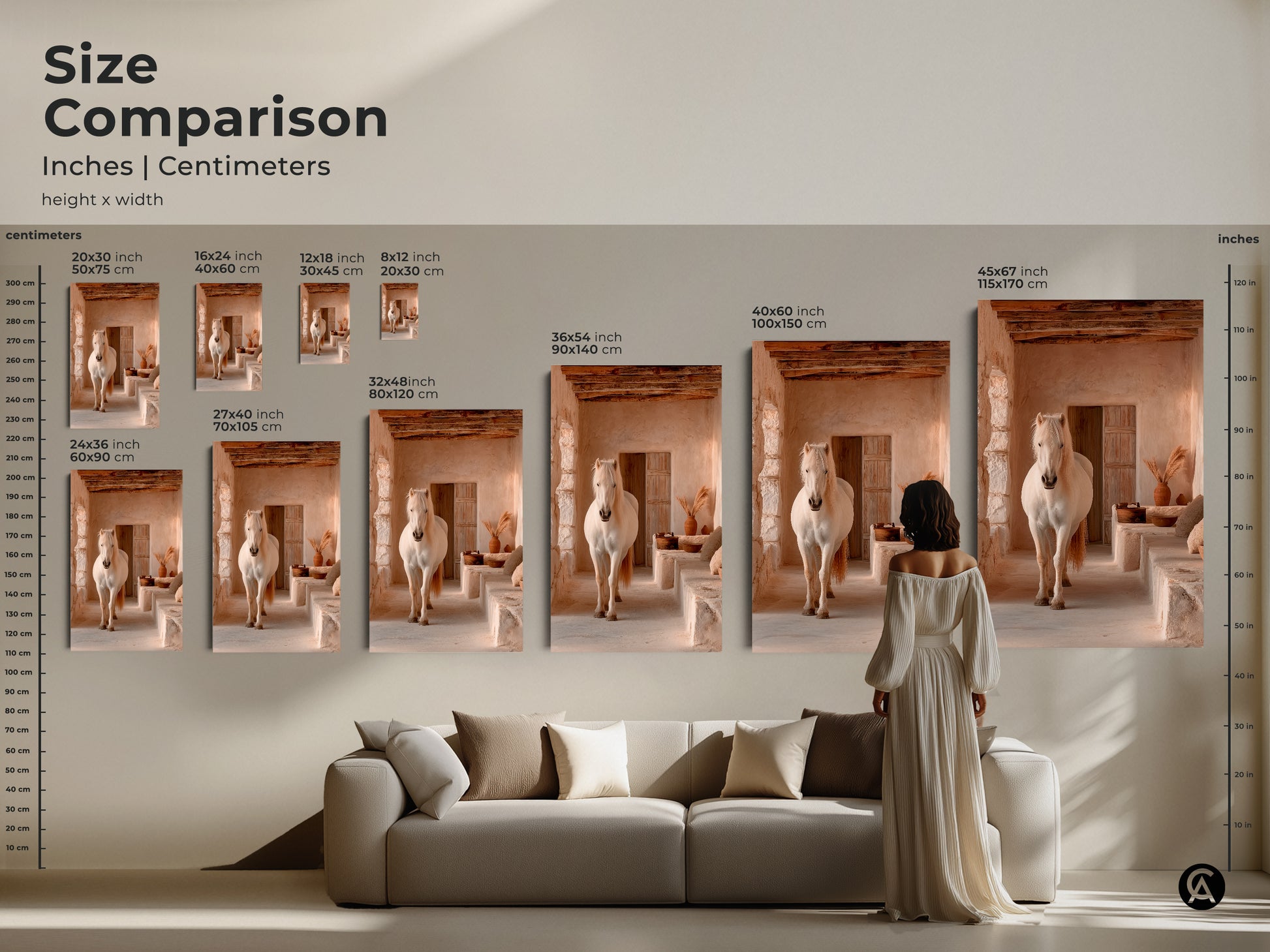 Size comparison of the cream tan beige horse art print. See the rustic horse canvas print scaled in inches and centimeters. Visualize the impact of this boho horse wall art in your living room. This animal nature artwork makes a stunning focal point.