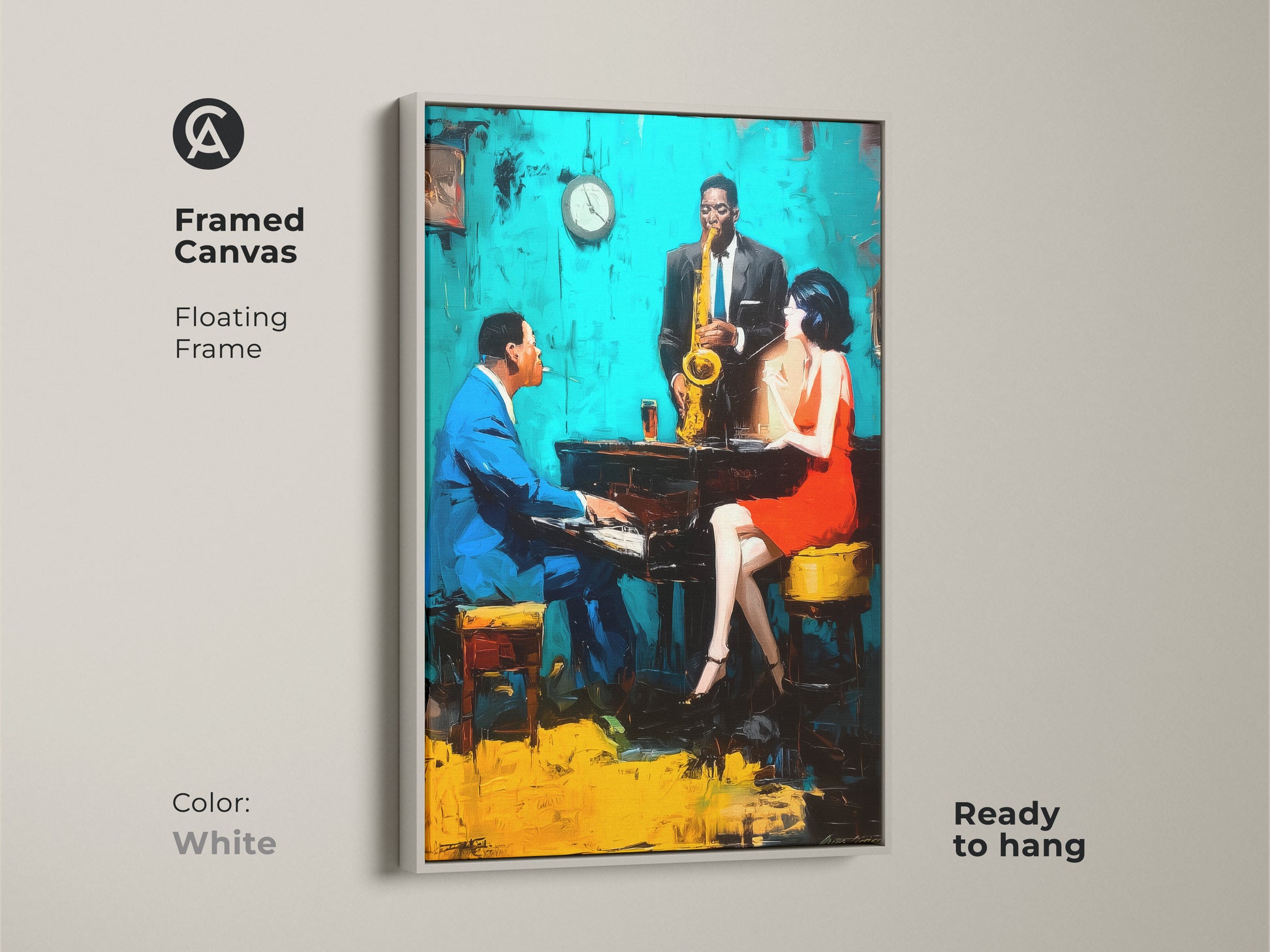Create a clean modern look with this framed canvas art. The white floating frame highlights the colorful jazz club scene. It shows a pianist saxophonist and a woman in a red dress. Ready to hang this artwork adds a fresh touch to your decor.