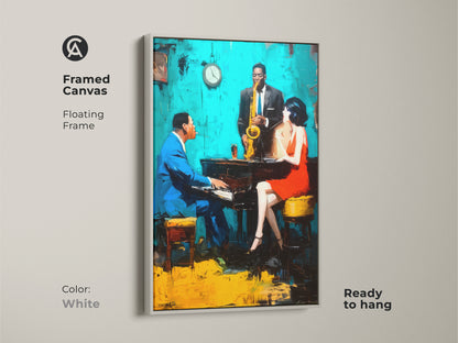 Create a clean modern look with this framed canvas art. The white floating frame highlights the colorful jazz club scene. It shows a pianist saxophonist and a woman in a red dress. Ready to hang this artwork adds a fresh touch to your decor.