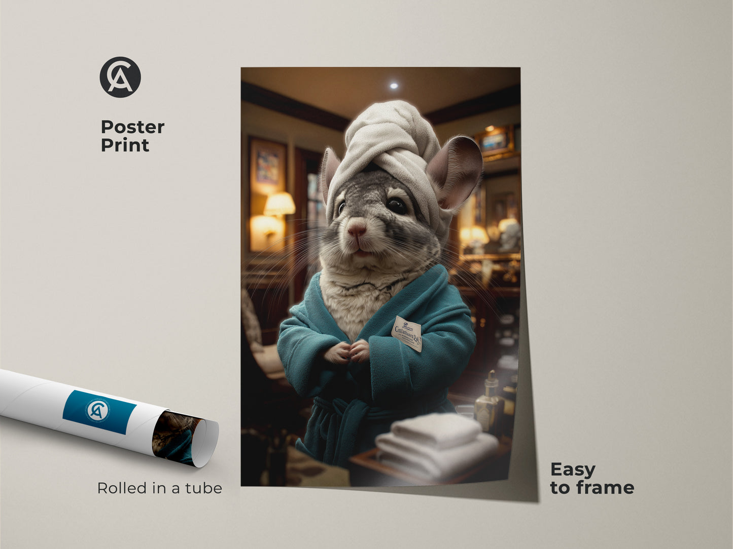Chinchilla spa day art print in a poster format. The poster print comes rolled in a tube and is easy to frame. Perfect for pet lovers. This funny animal artwork features a chinchilla in a teal robe. Ideal for eclectic decor and spa-themed bathrooms. It makes a unique birthday gift for chinchilla owners.
