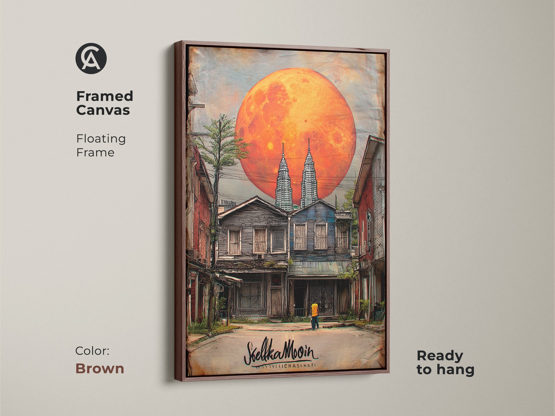 Framed canvas artwork presents a surreal cityscape Twin Towers design under a vivid orange moon. A brown floating frame complements this digital fantasy art. Ready to hang it's an eclectic bedroom decor. A perfect travel gift choice.