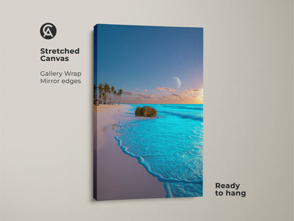 Stretched Tropical Beach Canvas Art. The Ocean Landscape Wall Art Print shows palm trees and a moon on the beach. Coastal Home Decor Art. Aqua Blue Teal Wall Art. Ready to hang.