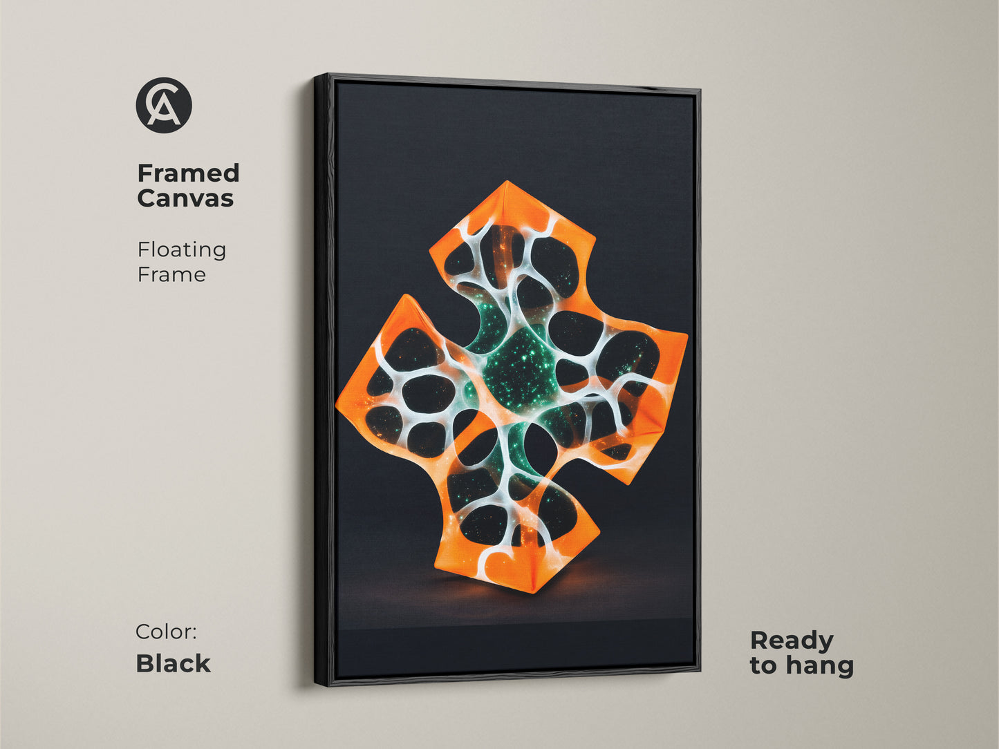 Framed canvas featuring abstract geometric art. The floating frame is black. The futuristic artwork displays an orange and white cross design. It's ready to hang adding modern flair to any space.