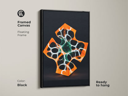 Framed canvas featuring abstract geometric art. The floating frame is black. The futuristic artwork displays an orange and white cross design. It's ready to hang adding modern flair to any space.