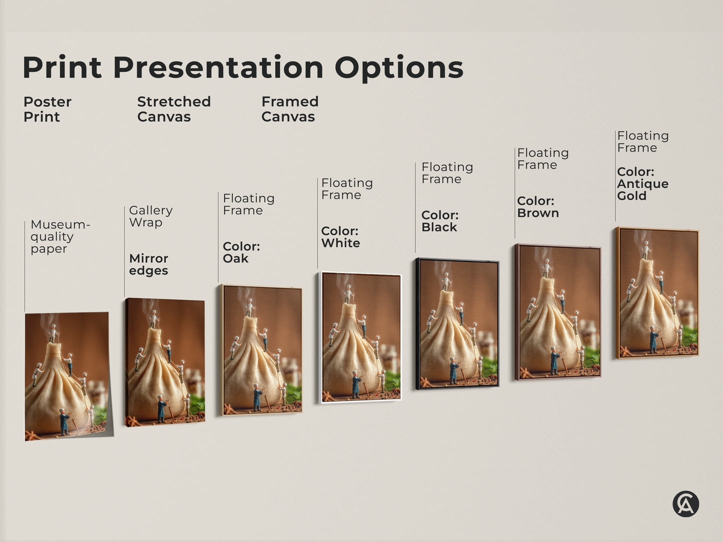 Explore print presentation options with this art piece. Choose from poster prints stretched canvas or framed canvas in various colors. Find the perfect style to showcase this miniature chefs and dumpling artwork in your home. Transform your space.