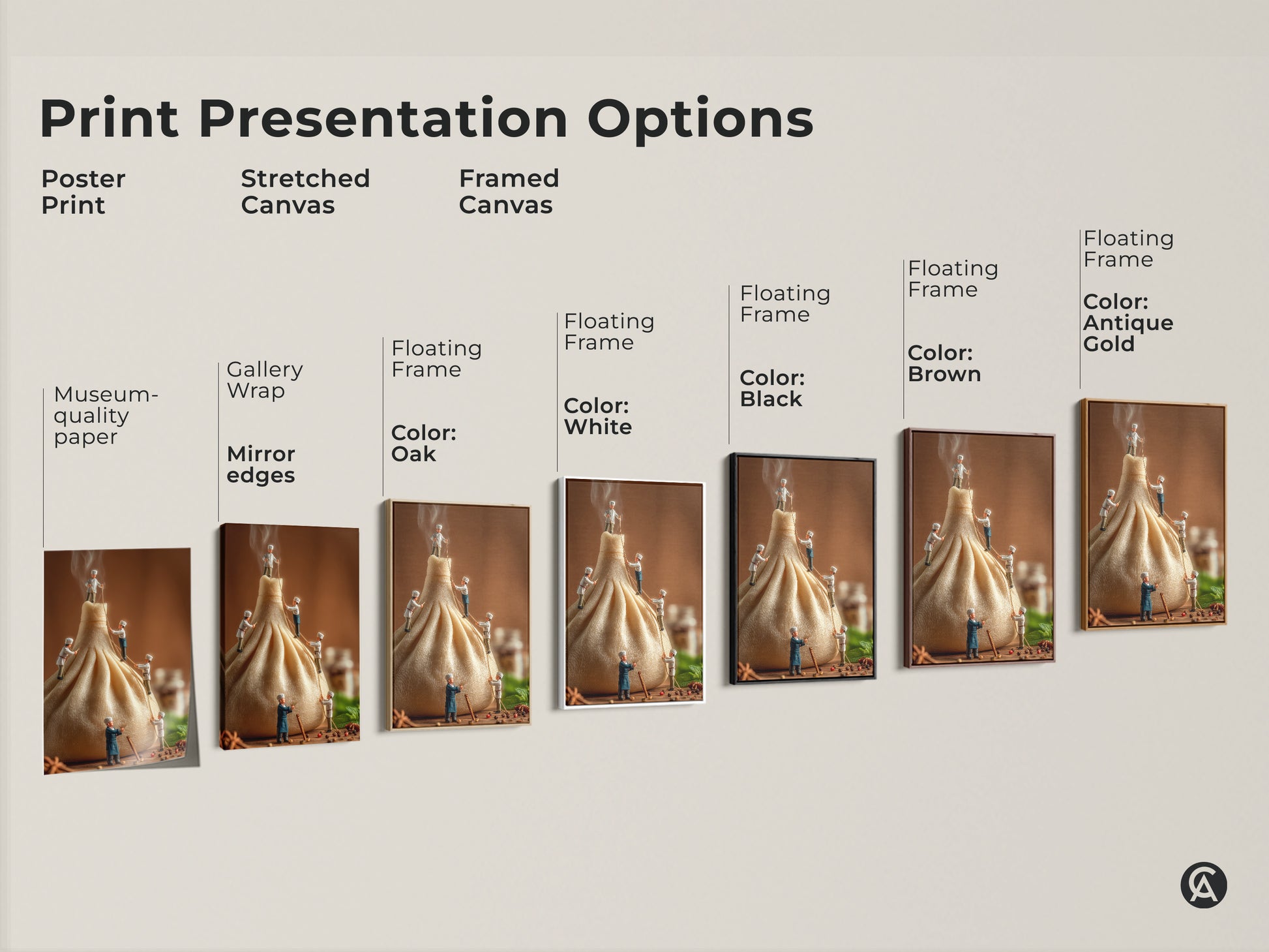 Explore print presentation options with this art piece. Choose from poster prints stretched canvas or framed canvas in various colors. Find the perfect style to showcase this miniature chefs and dumpling artwork in your home. Transform your space.