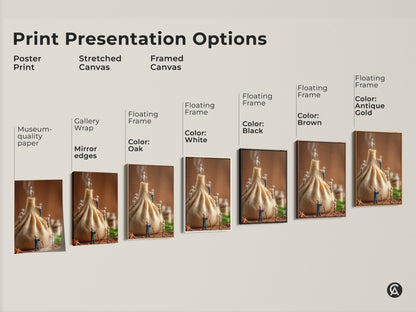 Explore print presentation options with this art piece. Choose from poster prints stretched canvas or framed canvas in various colors. Find the perfect style to showcase this miniature chefs and dumpling artwork in your home. Transform your space.