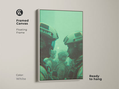 Framed canvas artwork of soldiers wearing helmets in white floating frame. The green toned military art is ready to hang. Elevate your home decor with this unique piece. Shop framed art today