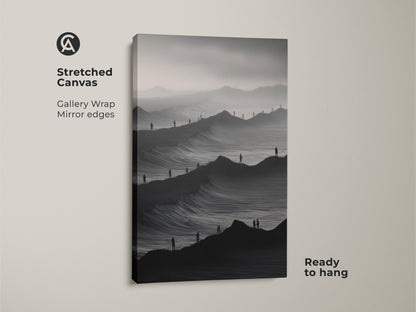 Stretched canvas featuring surreal mountain waves art. The monochrome landscape canvas has minimalist people wall art. Black and white abstract print offers a foggy mountain scene. Perfect adventure seeker wall art ready to hang.