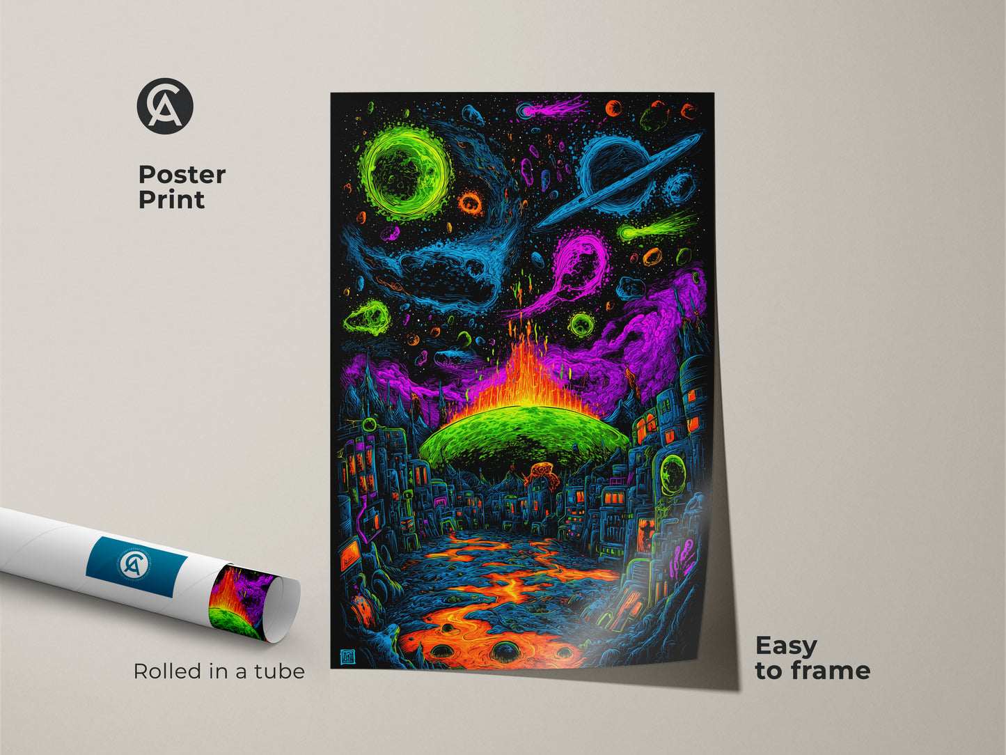 Get this easy to frame poster print. This artwork features a neon city under cosmic skies. A river of lava flows through the scene. Rolled in a tube for safe shipping. Add a vibrant touch to your walls with this unique art piece.