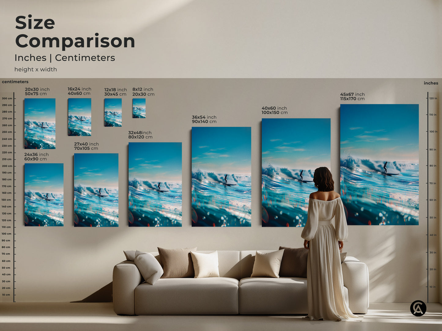 Size comparison of surfing artwork in inches and centimeters. See how canvas and poster prints look in different sizes. Artwork sizes range from small 8x12 inch to large 45x67 inch. Compare sizes to find the ideal piece for your living room.