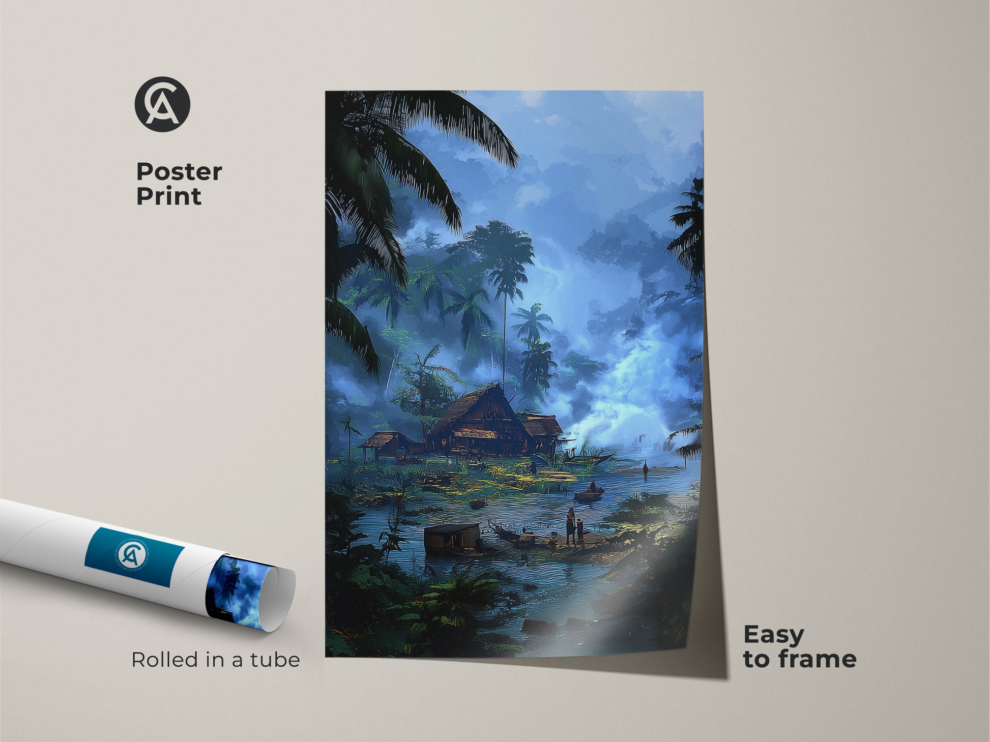Poster print of a tropical river village scene. This boho landscape wall art is easy to frame. The rolled digital painting features palm trees and a serene river. It's an ideal travel artwork for a unique wall hanging. Add a peaceful jungle scene to your home.