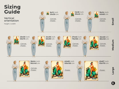 Sizing guide for artwork featuring a woman on a Vespa scooter. Visualize different sizes for canvas and poster prints. Find the perfect dimensions to complement your space and showcase this unique piece of retro art.