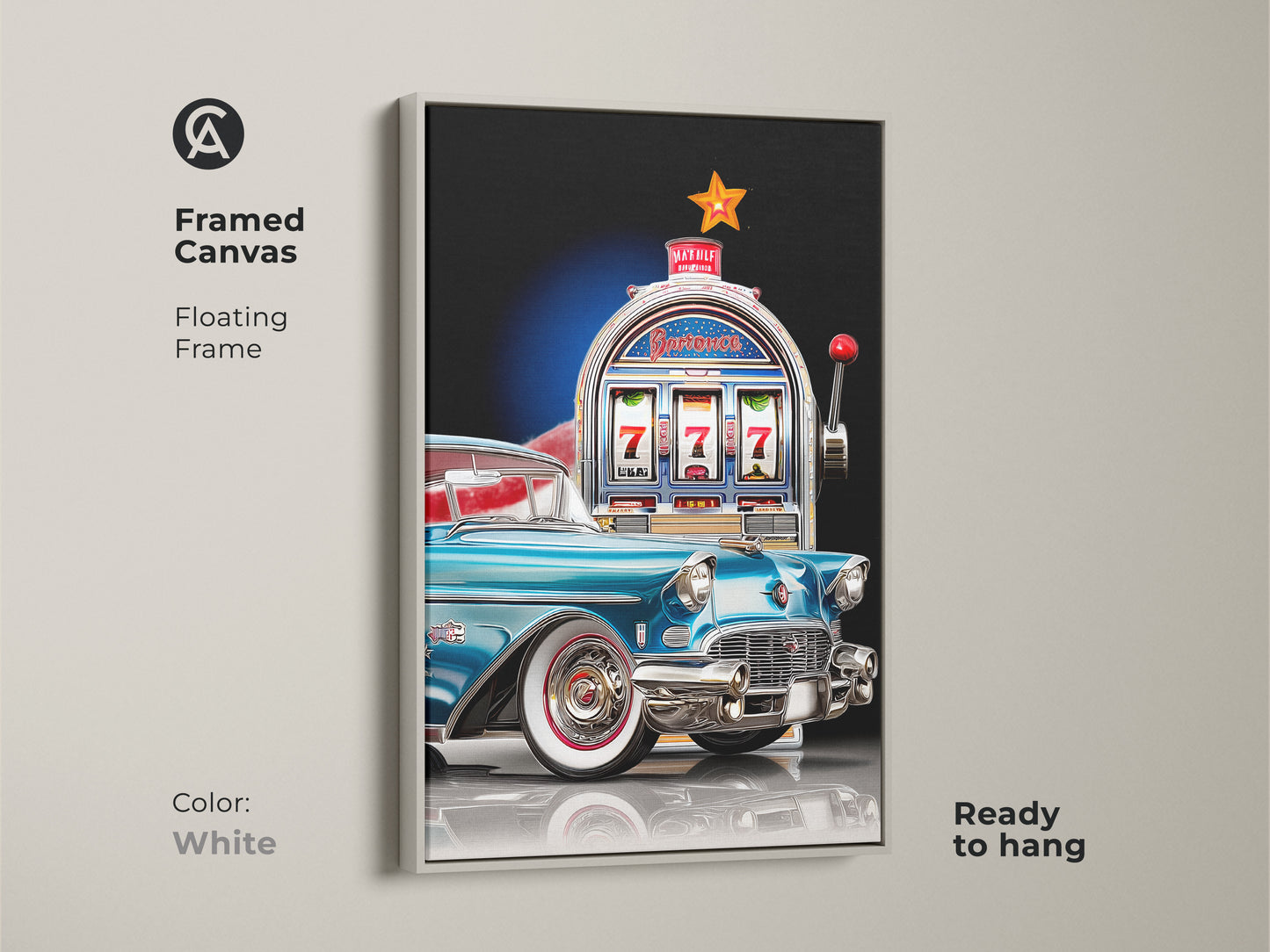 A framed canvas art print showcasing a teal classic car and vintage slot machine with a floating white frame. This mid-century modern piece is ready to hang. Perfect for adding a pop of color to a man cave or garage. Makes a unique Father's Day gift.