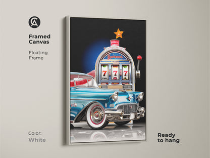 A framed canvas art print showcasing a teal classic car and vintage slot machine with a floating white frame. This mid-century modern piece is ready to hang. Perfect for adding a pop of color to a man cave or garage. Makes a unique Father's Day gift.