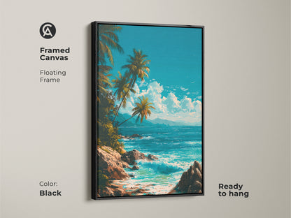 Framed canvas art in black showcasing a tropical beach. Palm trees and ocean waves create a coastal artwork. Features a floating frame and is ready to hang. Perfect for adding a touch of paradise.
