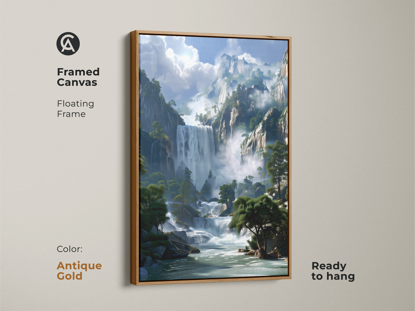 Framed canvas displaying a rustic mountain waterfall. The antique gold floating frame accentuates the blue green hues of this nature scenery decor. Ready to hang this artwork adds elegance to any room or office.