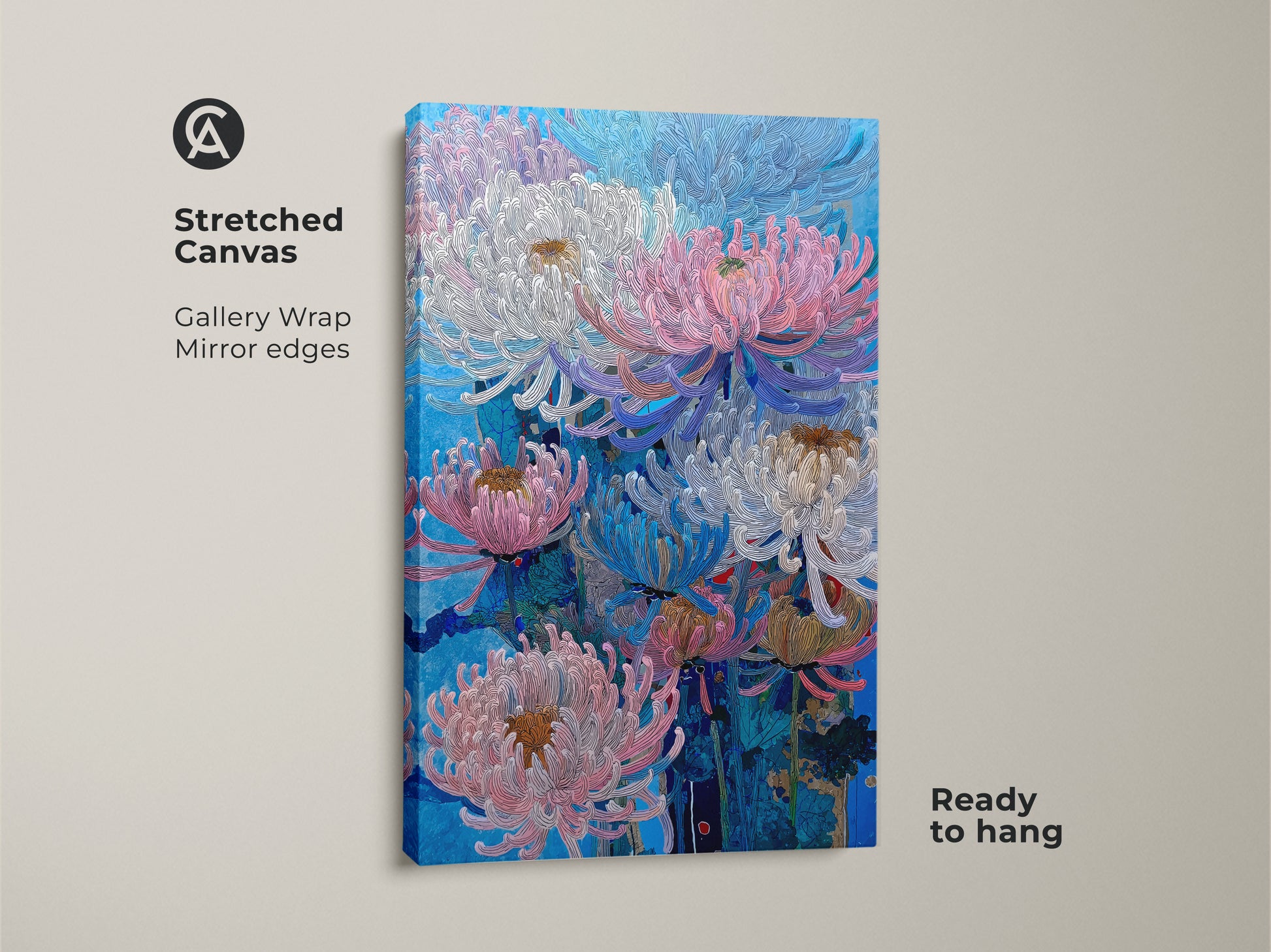 A stretched canvas print displays pink blue and white Chrysanthemums. This gallery-wrapped botanical nature wall art is ready to hang. The floral artwork enhances bedroom decor and living spaces. The mirror edges and premium canvas provide a contemporary and seamless look.