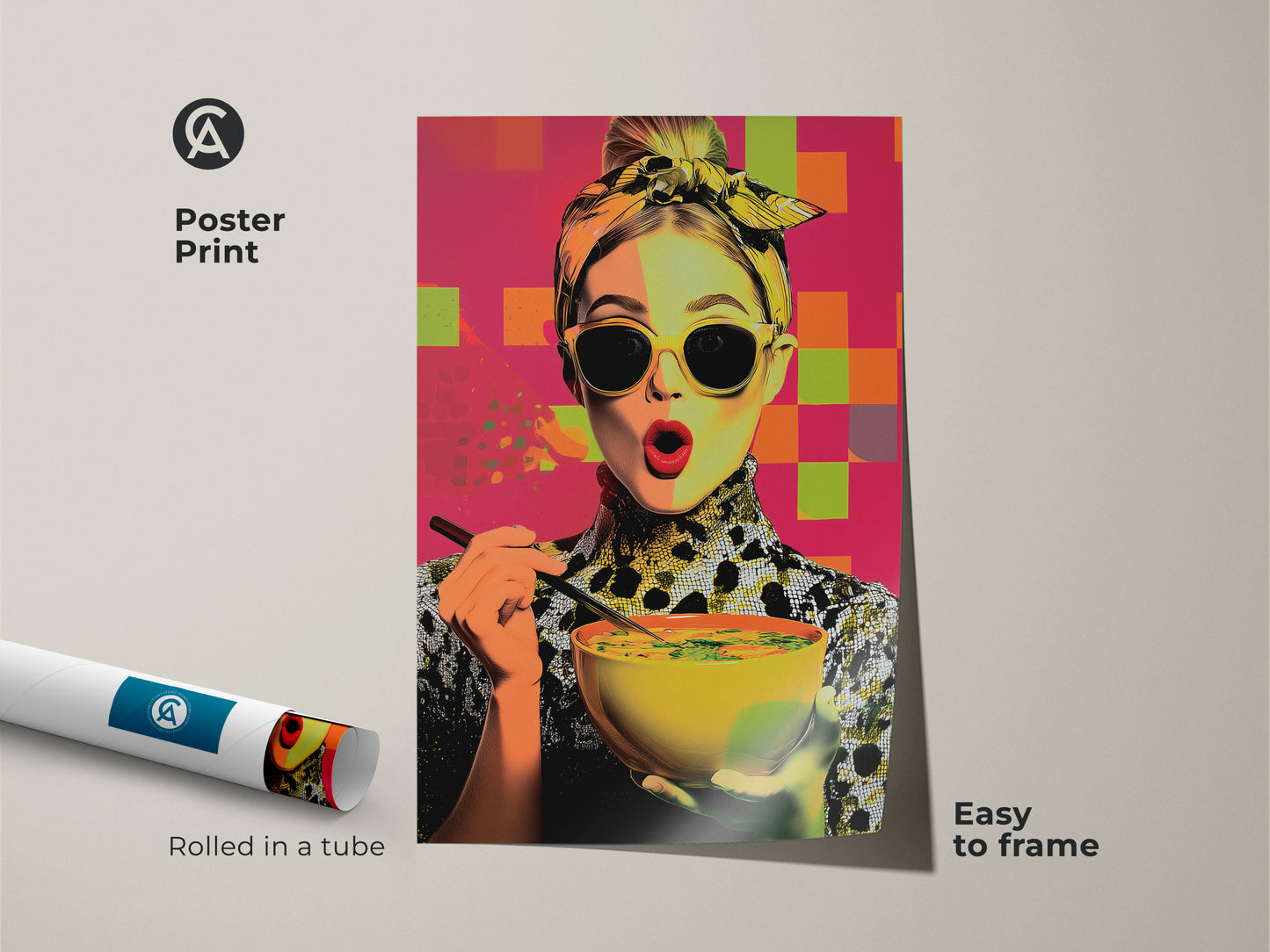 Poster print of a pop art woman enjoying soup. This contemporary kitchen art is easy to frame. Rolled in a tube this foodie gift features yellow orange and pink abstract art. This modern woman portrait canvas adds a graphic style to your kitchen. Perfect unique housewarming gift.