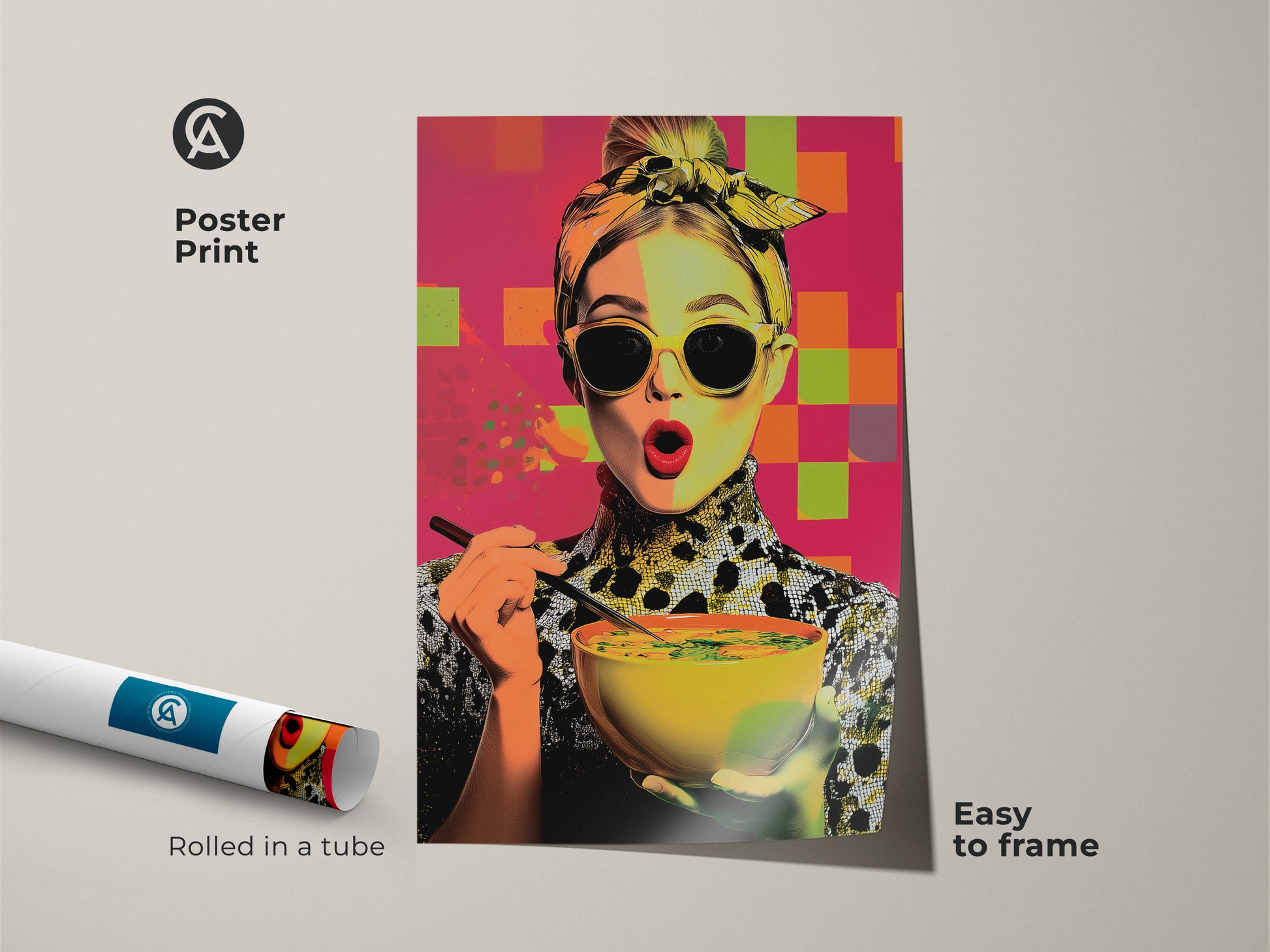 Poster print of a pop art woman enjoying soup. This contemporary kitchen art is easy to frame. Rolled in a tube this foodie gift features yellow orange and pink abstract art. This modern woman portrait canvas adds a graphic style to your kitchen. Perfect unique housewarming gift.