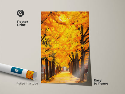Poster print of a Gingko tree lined avenue in the autumn. This museum-quality paper poster is easy to frame. Rolled and shipped in a protective tube. Perfect for adding a touch of fall to your wall decor. Shop now for nature inspired prints.