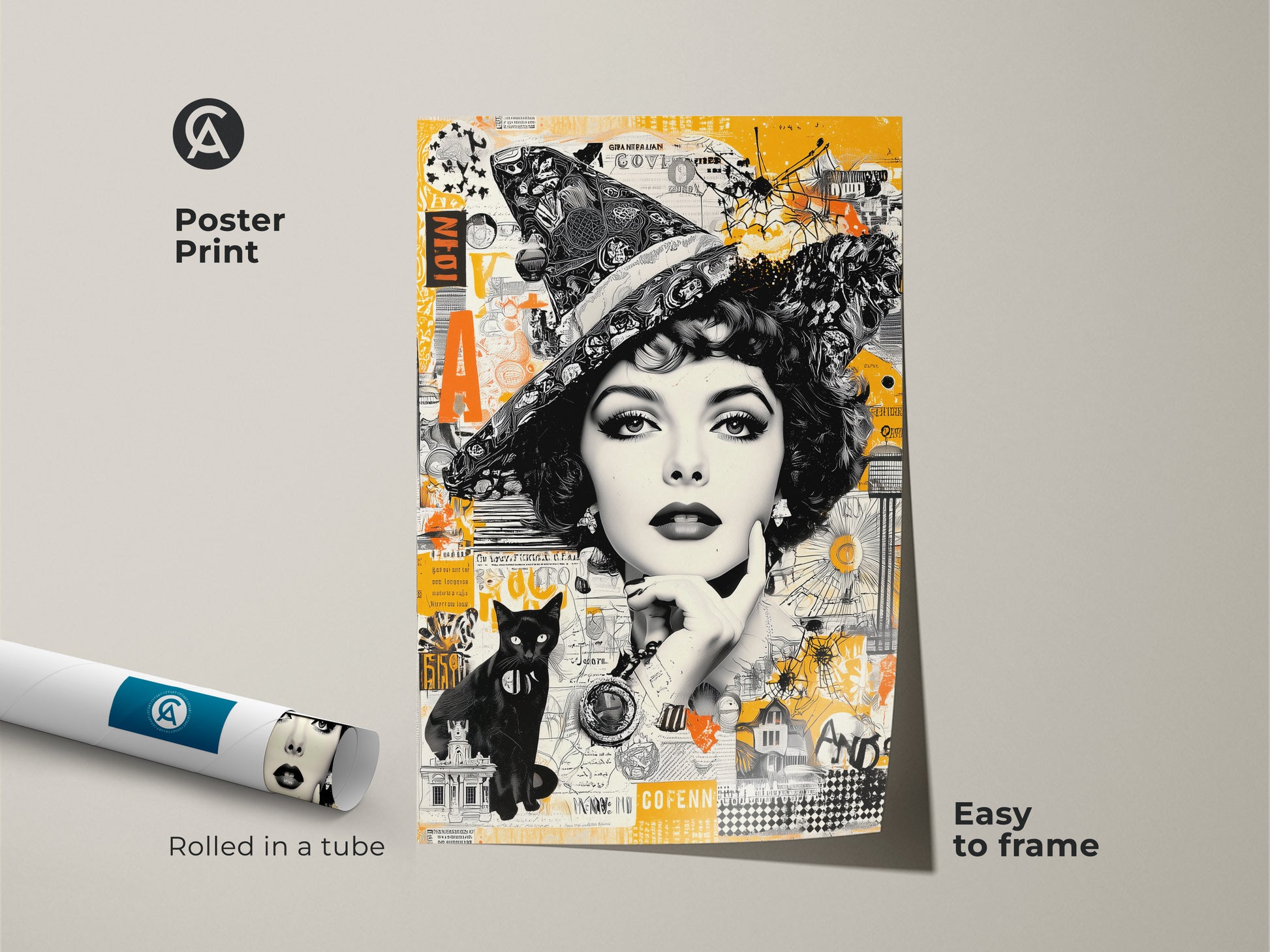 This poster print showcases a vintage-style witch figure with a black cat in collage artwork. The print is rolled in a tube for protection plus easy framing. A bewitching addition to any room