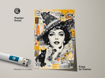 This poster print showcases a vintage-style witch figure with a black cat in collage artwork. The print is rolled in a tube for protection plus easy framing. A bewitching addition to any room