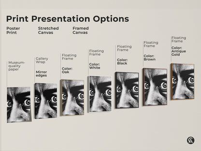 Print presentation options featuring a monochrome face portrait. Options include poster print stretched canvas and framed canvas. Each format showcases the intense black and white eyes art. Perfect for contemporary expression wall decor. Choose the ideal style for your modern home.
