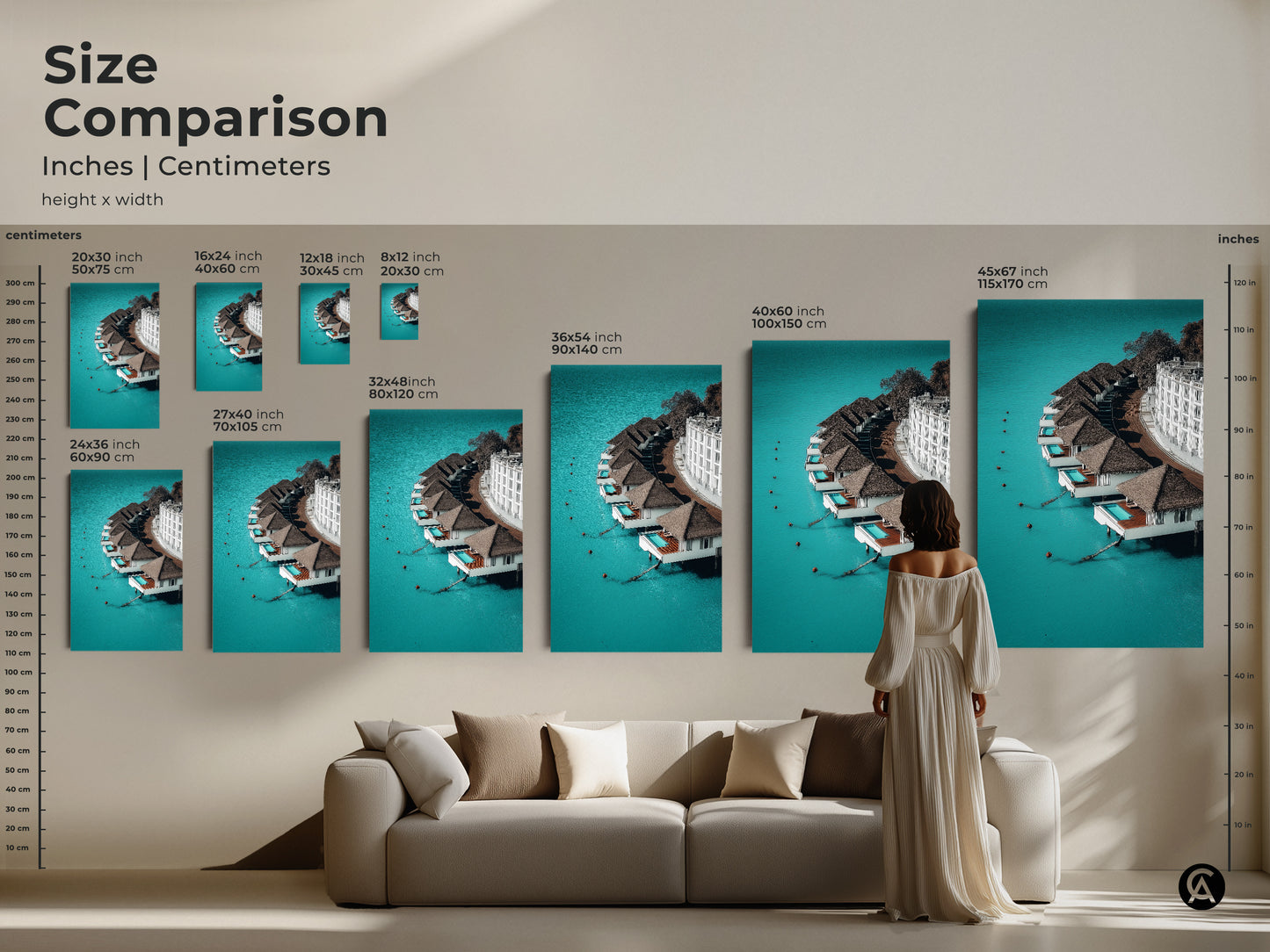 Size comparison of minimalist overwater bungalows art in inches and centimeters. Various sizes are displayed in a living room setting to help you visualize the perfect fit. Choose your ideal contemporary turquoise ocean landscape art.