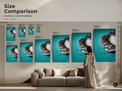 Size comparison of minimalist overwater bungalows art in inches and centimeters. Various sizes are displayed in a living room setting to help you visualize the perfect fit. Choose your ideal contemporary turquoise ocean landscape art.