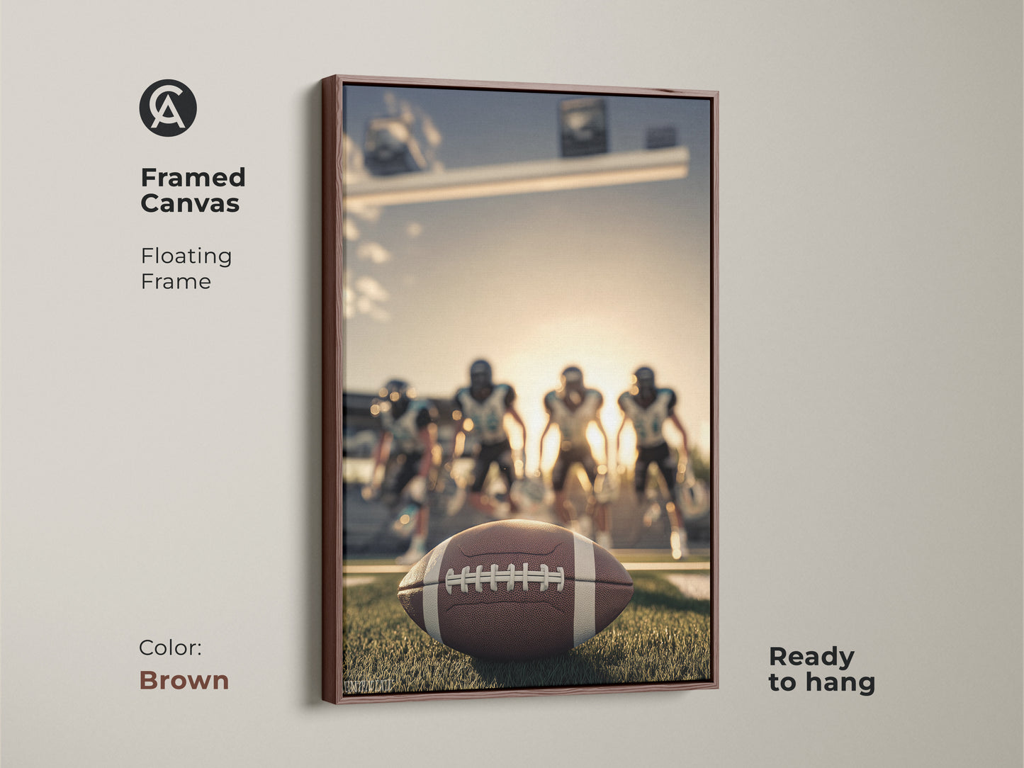 Framed canvas with a brown floating frame showcasing American Football artwork. The art is ready to hang. It captures a football on the field with players. This sports action print is great for a man cave. It is a perfect gift for a football fan.