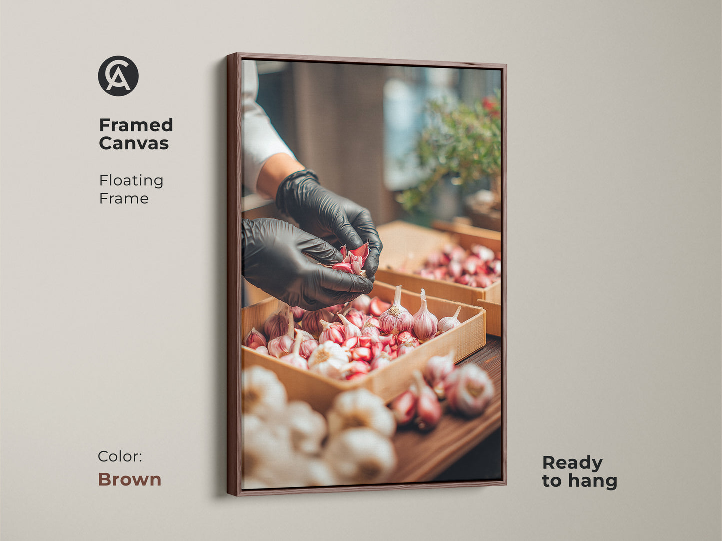 Framed canvas artwork showcasing a chef preparing garlic. This frame is a floating brown frame. The artwork is ready to hang. This piece adds a culinary touch to any kitchen or restaurant. Great art for kitchen decor.